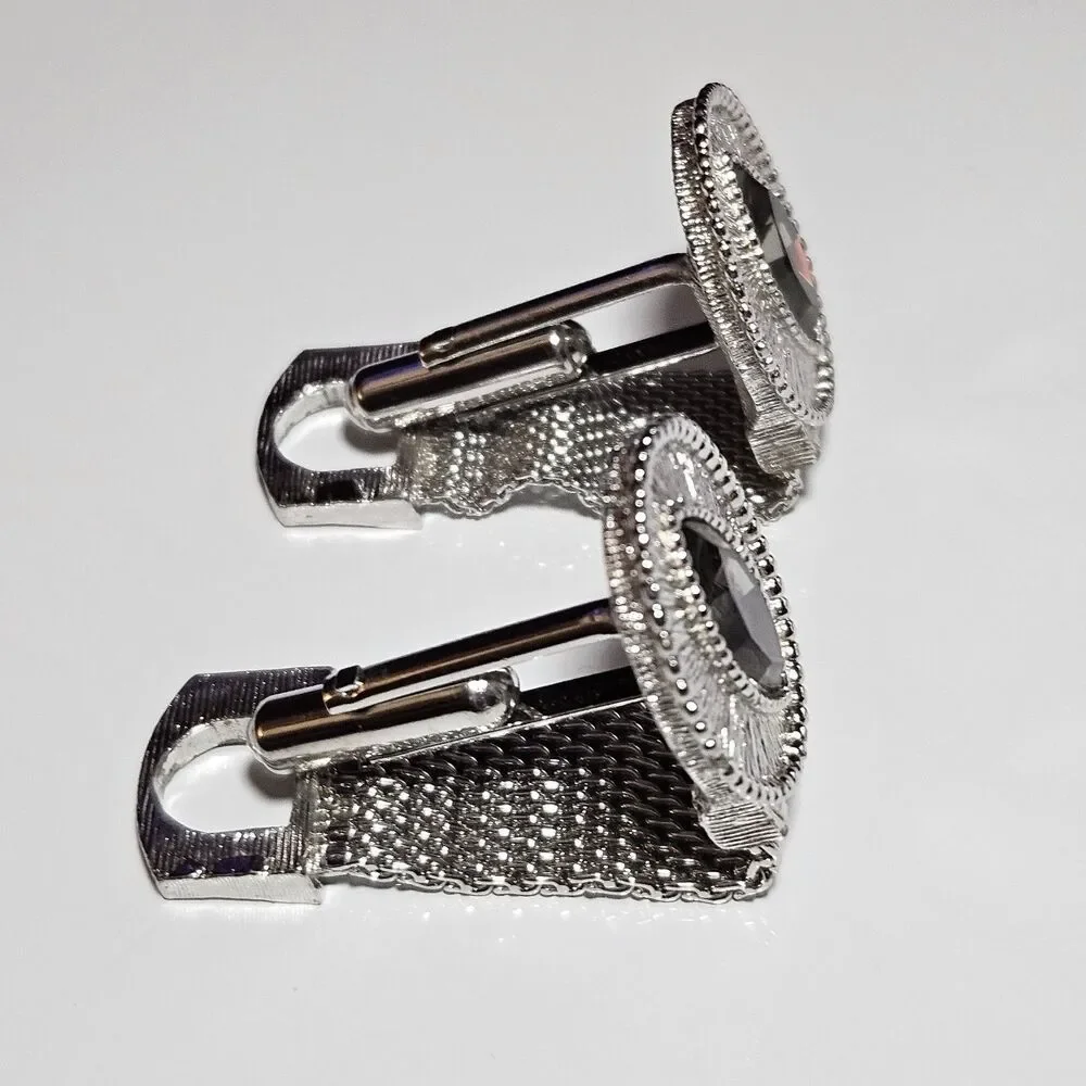 Vintage Swank Clear Marquise Shape Rhine Wrap Around Mesh Silver Tone Cuff Links